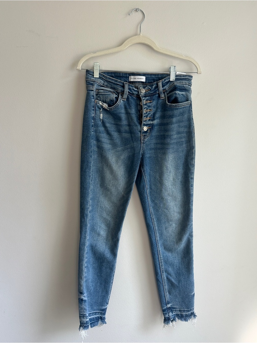 Flying Monkey Distressed Button-Fly Ankle Jeans — Medium Blue